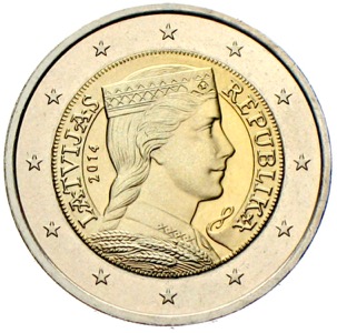 2 Euro Lettland Latvija Lettin in Landestracht mit Haube