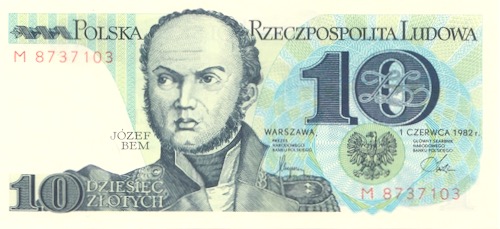 Polen Banknote 10 Zlotych 1982 Józef Bem