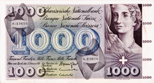 Schweiz 1000 Franken Banknote 1974