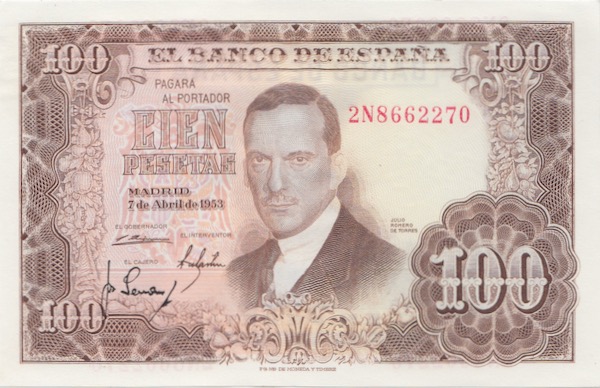Spanien Banknote 100 Pesetas Julio Romero de Torres 1953 Cien Pesetas
